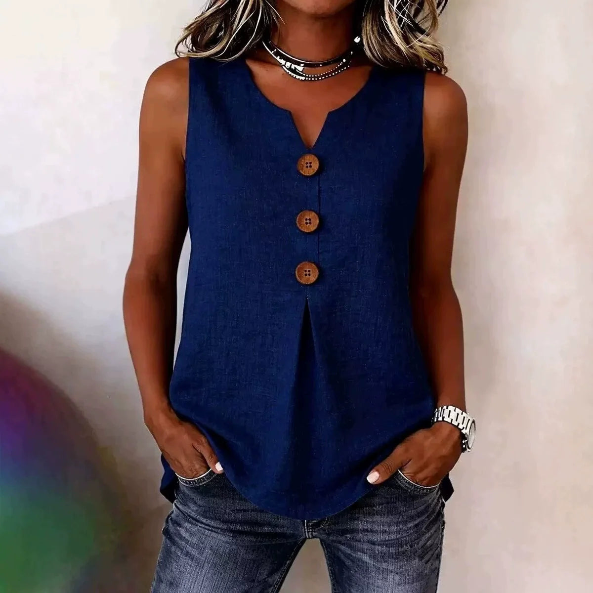 Summer 2026 Women's Blouses Fashion Button Cotton Linen Sleeveless
