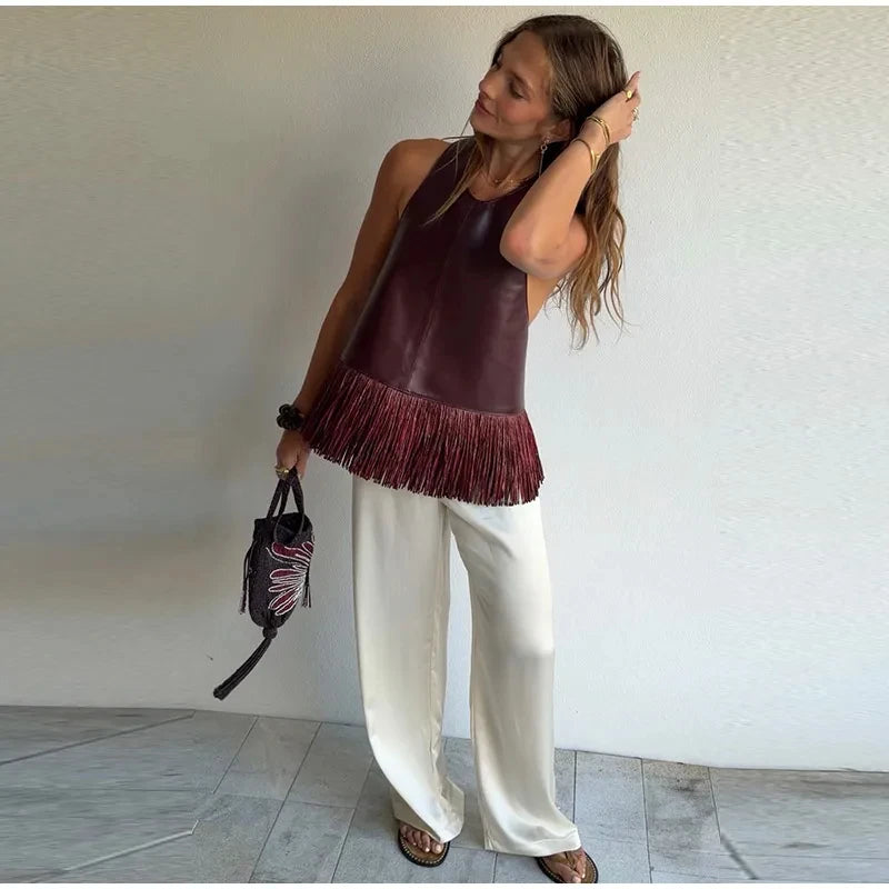 Faux Leather Fringe Ptachwork Halter Top Women Casual Solid Sleeveless