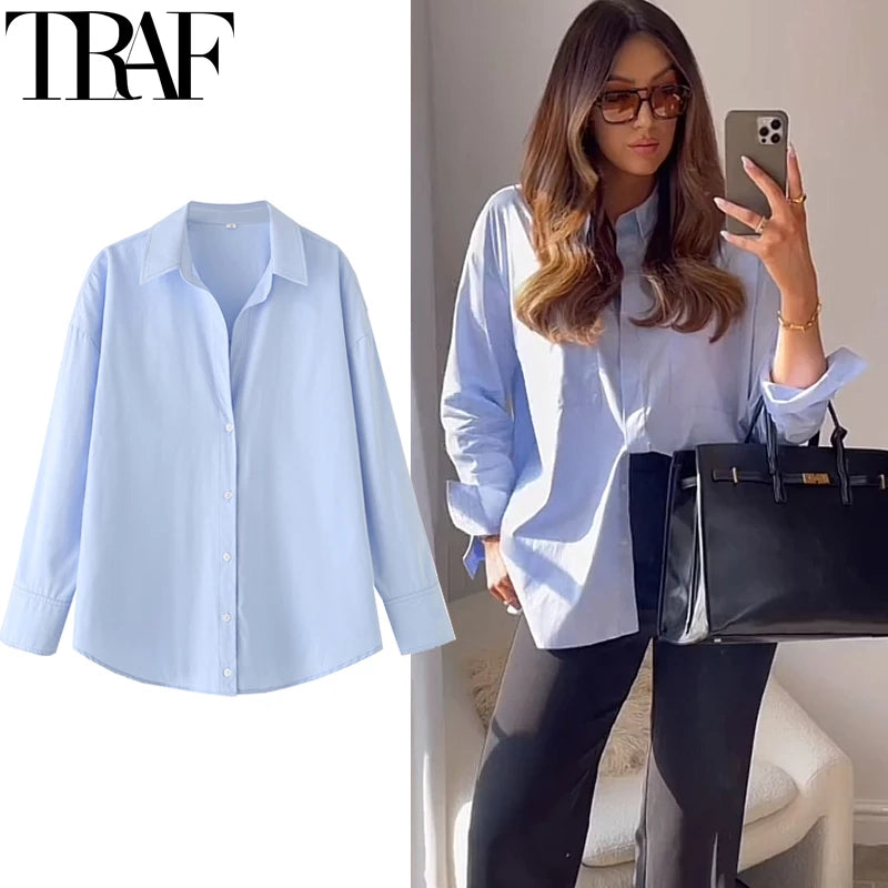 HXAO 2025 Women's Shirt Long Blue Shirt Women Spring Long Sleeve