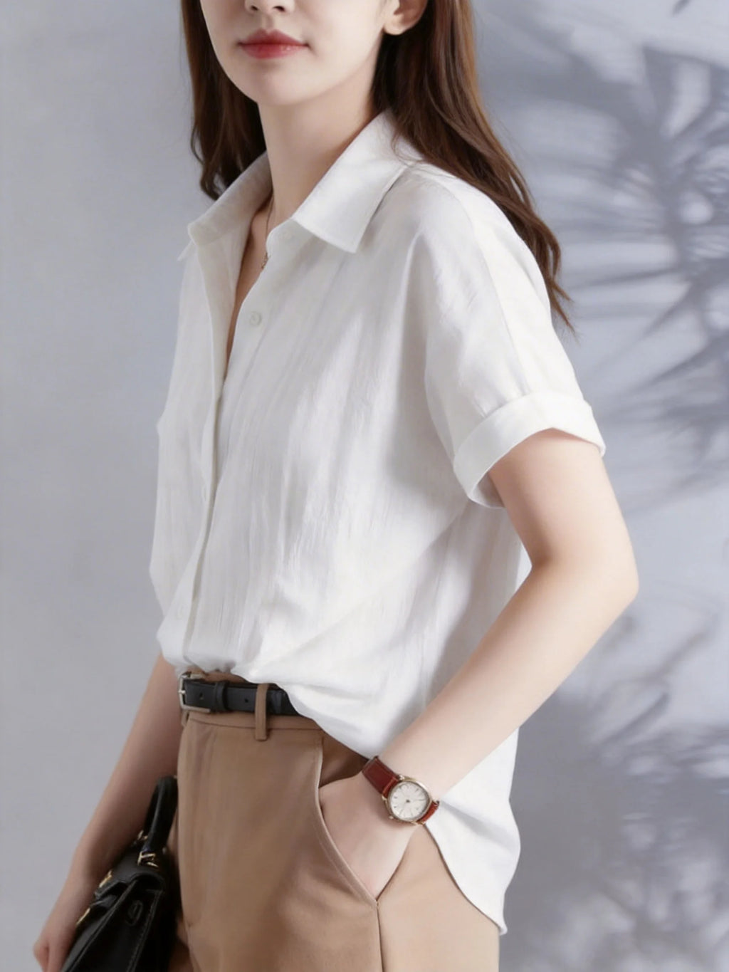Women's Casual White Blouse, Short Sleeve V-Neck Shirt, Business