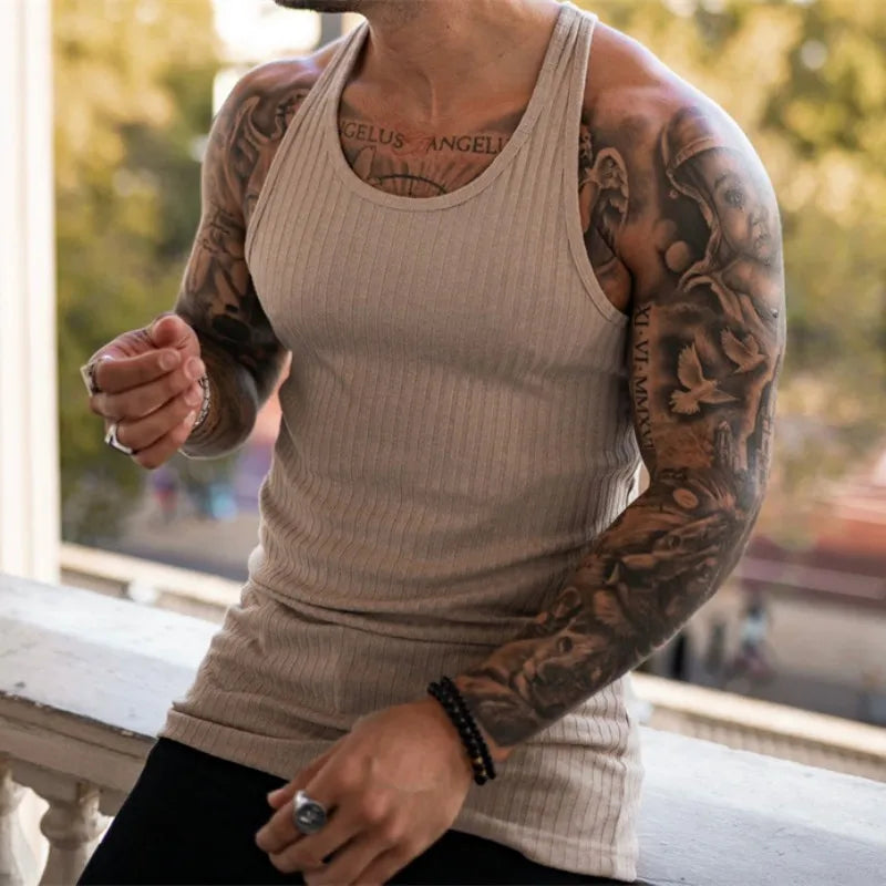 2023 Summer men Vest stripe gym Tank top Men Fitness sleeveless shirt