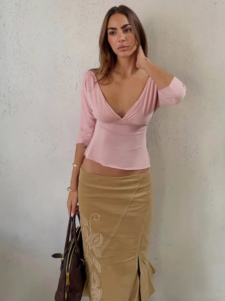 Absobe Women Sexy Deep V Mid Sleeve Crop Top Side Split Slim Solid