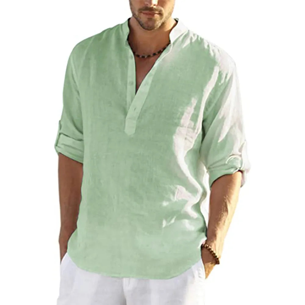 2022 New Men's Casual Blouse Cotton Linen Shirt Loose Tops Long Sleeve