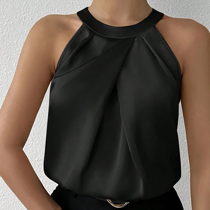 Summer Women's High End Satin Tank Shirt New Color Silk Blouse Round