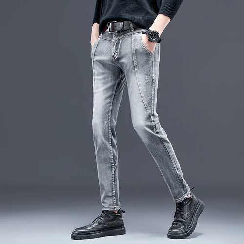 2026 New Men's Stretch Jeans Gray Slim Fit Small Feet Anti-wrinkle