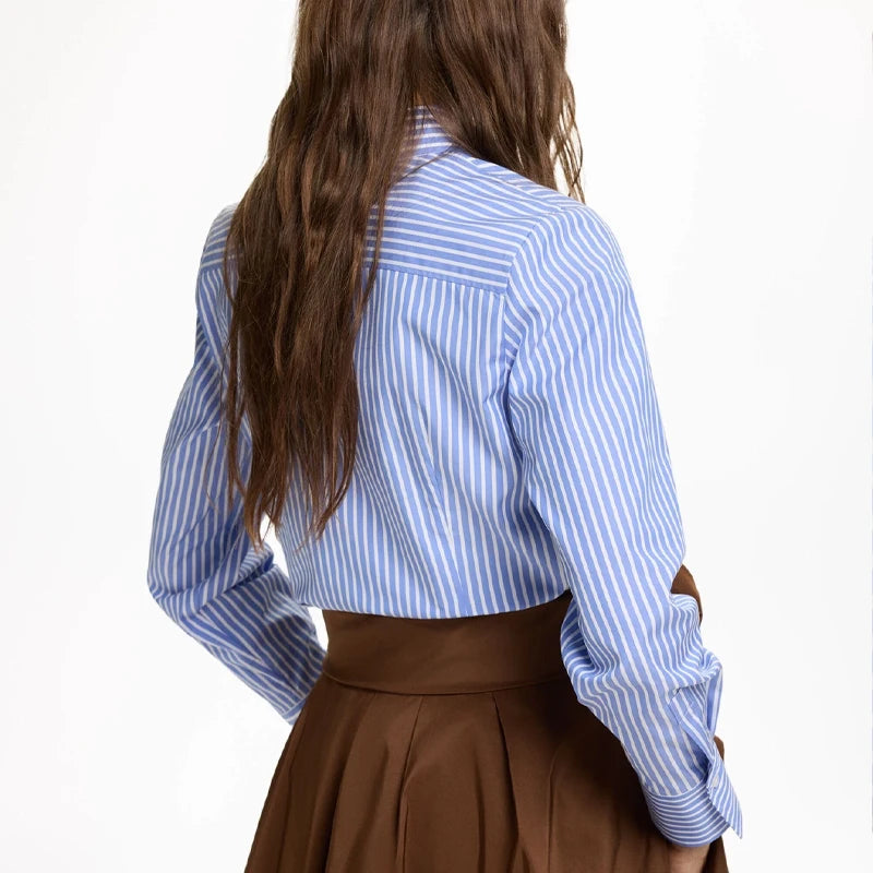 CH Elegant Office Ladies Blue White Vertical Stripe Blouse Long Sleeve