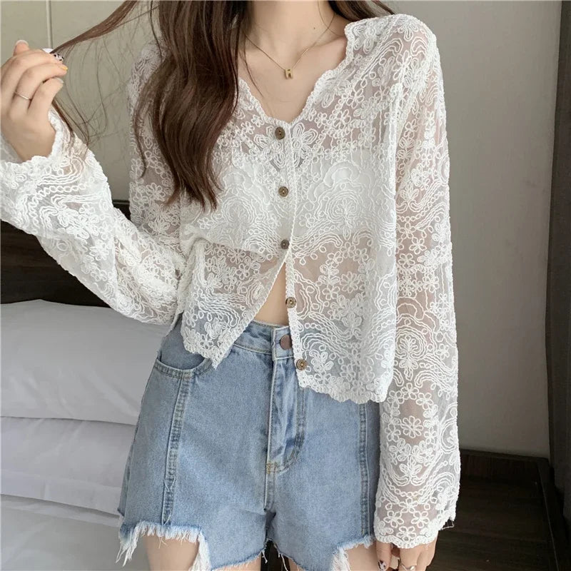 Vintage Summer Lace Blouses Women See Through Sheer Long Sleeve Sun