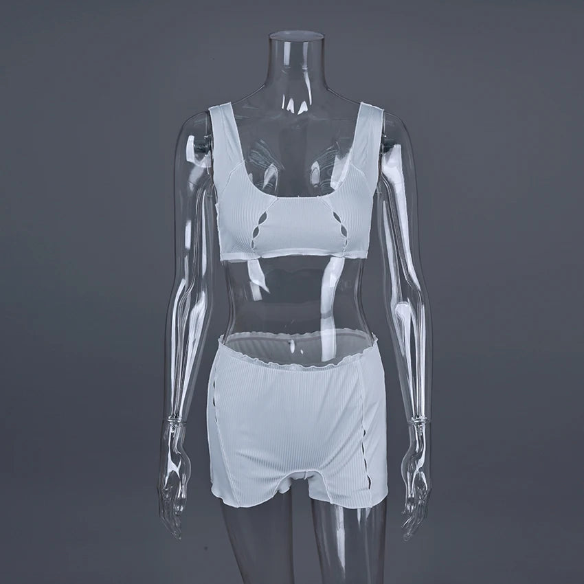 HiLoc Sexy White Crop Top Pajamas Woman Casual Ruffles Tank Top And