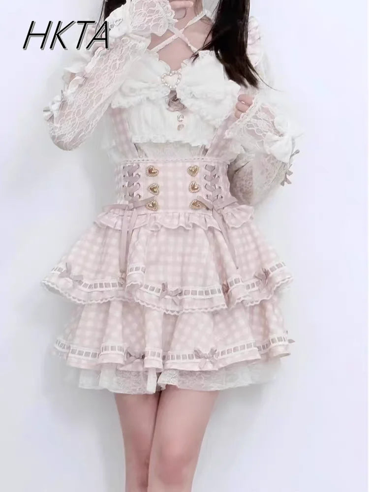Japanese Sweet Heavy Industry Splicing Sleeve Strap Lace Bow Lace