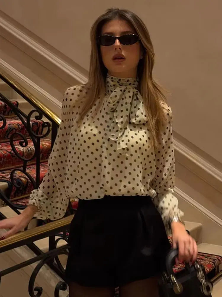 HH Women Fashion Vintage Polka Dot Print Shirts Long Sleeve Bow Lace
