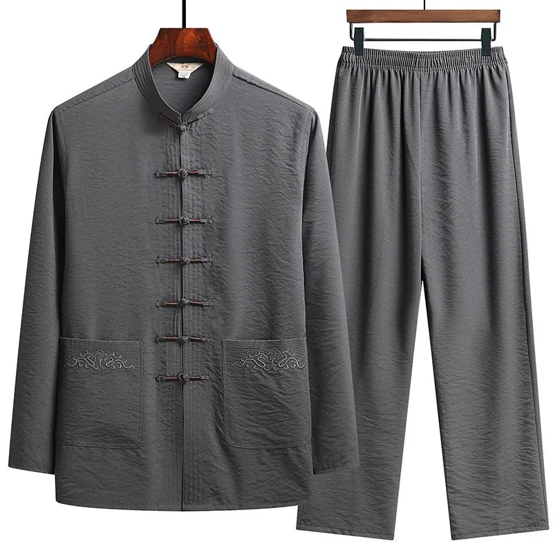 Chinese Traditional Clothing Set Man Fall Linen Buckle Kung Fu Shirt