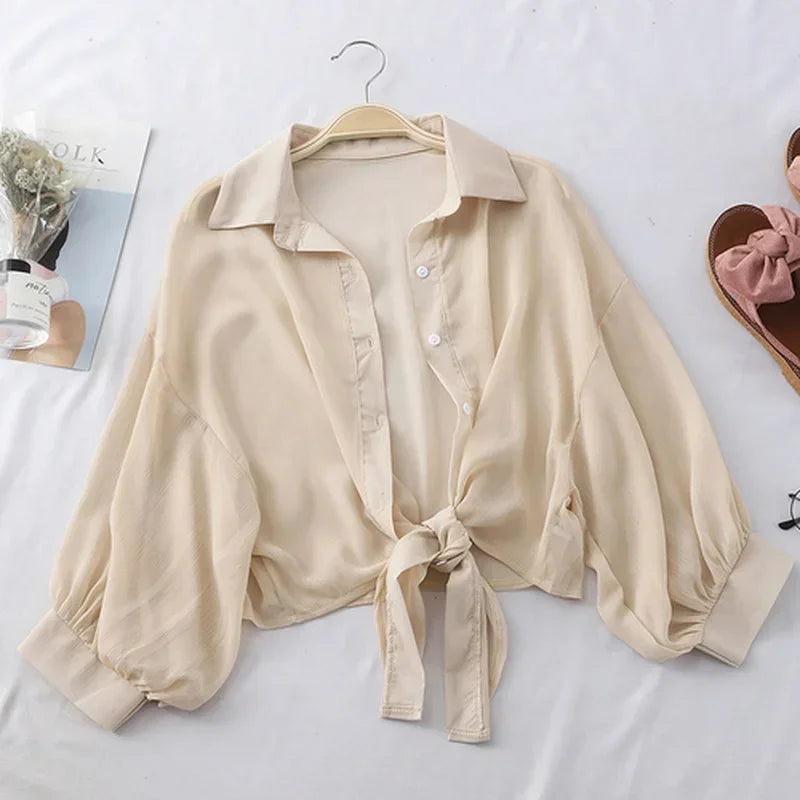 Casual Loose Hollow White Clothes Elegant Solid Color Tied Waist