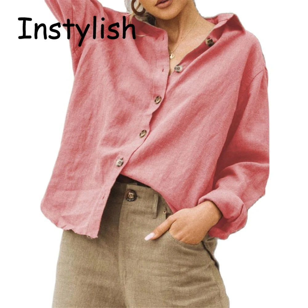 Women Vintage Harajuku Button Up Shirt Casual Long Sleeve Solid Cotton