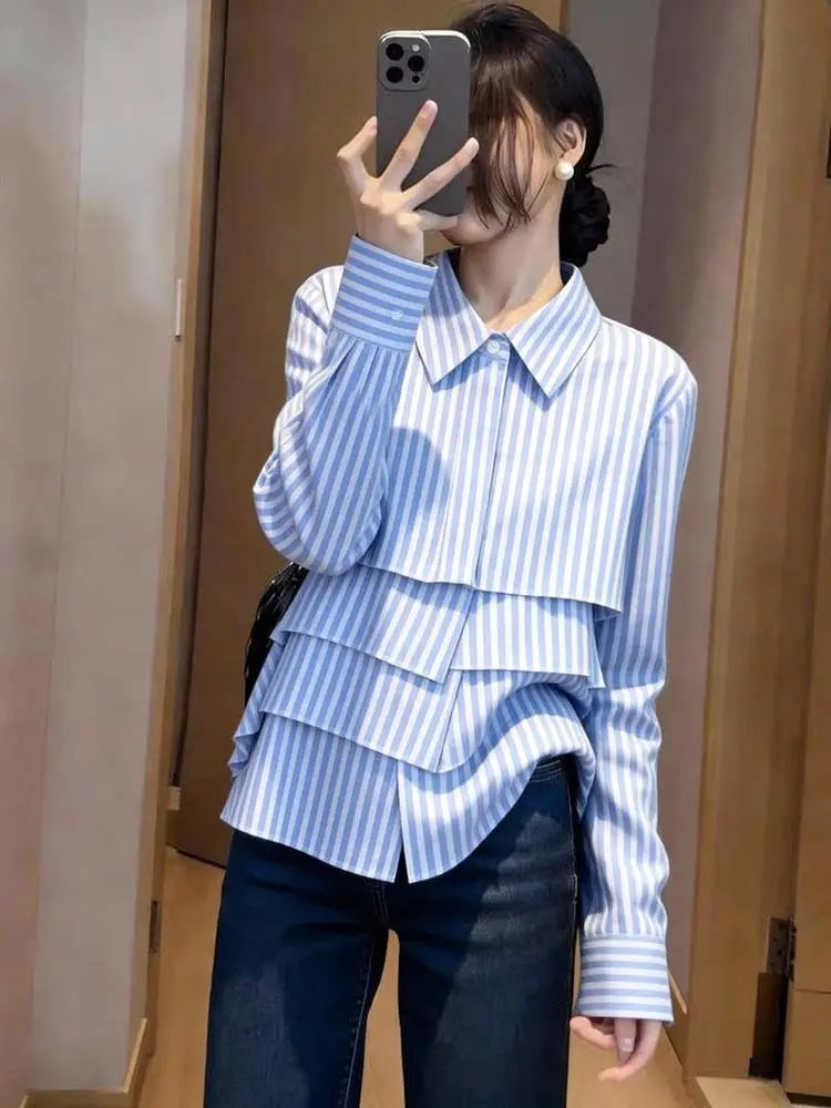 Elegant Tiered Ruffle Striped Blouse - Point Collar Long Sleeve