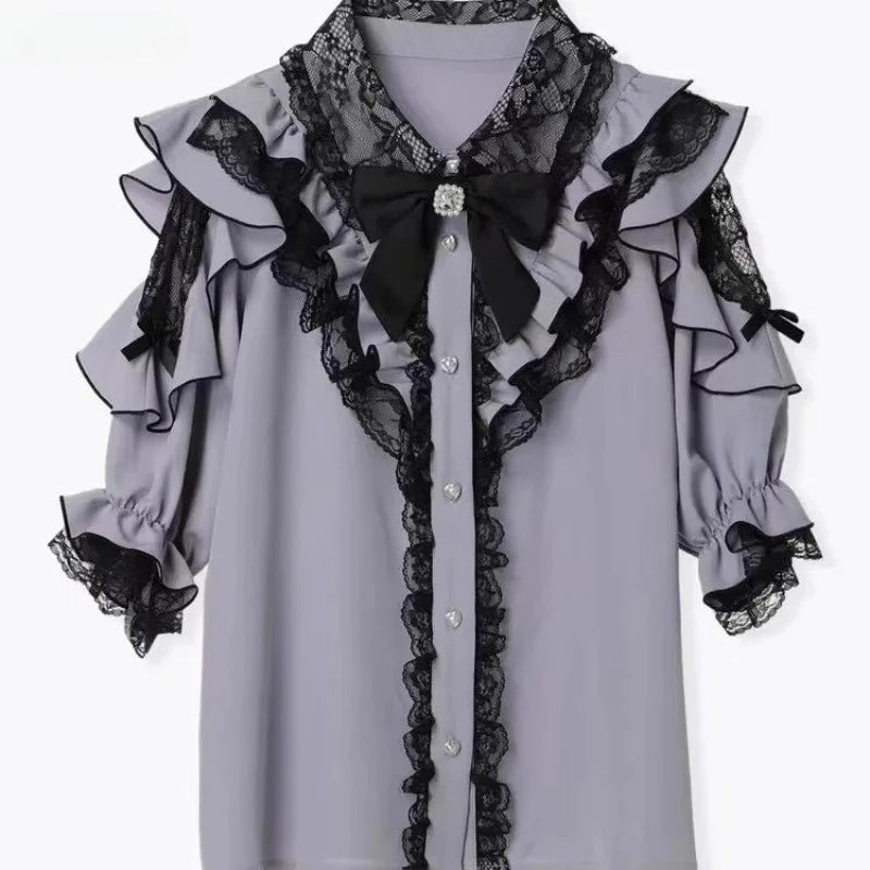 Summer Japanese Gothic Lolita Style Bow Shirts Women Sweet Y2k Lace
