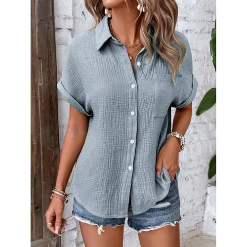 Women Casual Cotton Blouse Vintage Summer Short Sleeve Slim Shirt