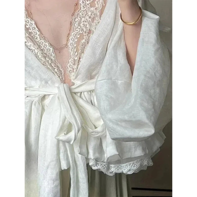 Elegant Lace Shirts Women Vintage Sexy V Neck Bandage Blouses Summer