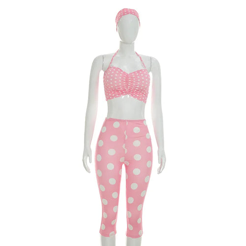 FAGADOER Cute Pink Polka Dot Shorts Two Piece Sets Fashion Lace-up