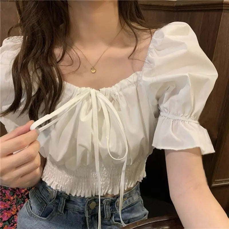 Summer Off Shoulder Lace Up Short Sleeve Blouse Women Crop Top White