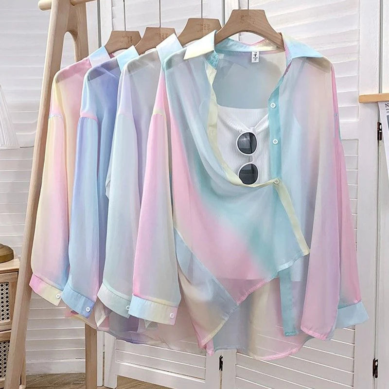 Irregular Gradient Rainbow Long Sleeved Shirt And Blouses Thin