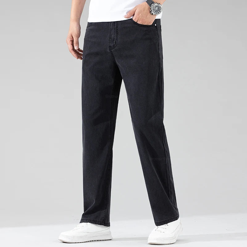 Summer Thin Lyocell Men's Black Jeans Loose Straight Soft Ice Silk