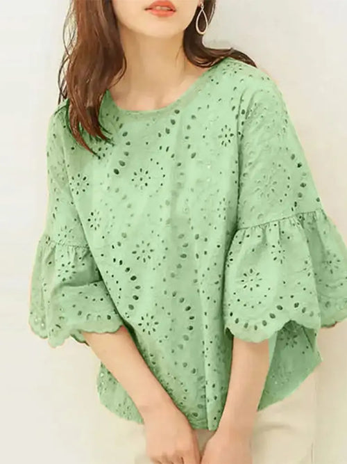 ZANZEA 3/4 Ruffle Sleeve Loose Blusa Women Hollow Out Lace Patchwork