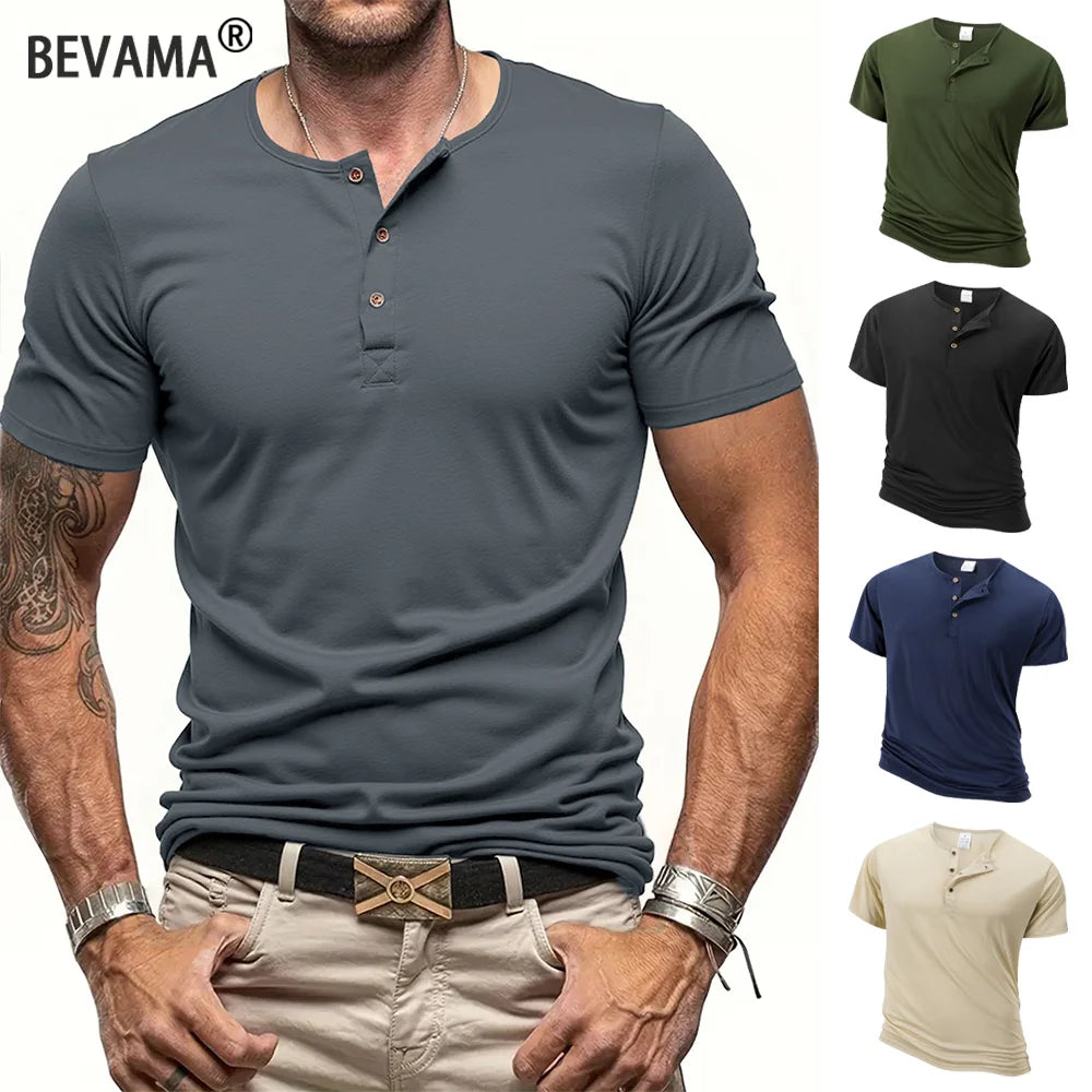 Summer Men's Short-sleeve Henley NeckT-shirt Solid Color Male Tops