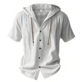 Cotton Linen Shirt for Men Hooded Short Sleeve Solid Color Breathable
