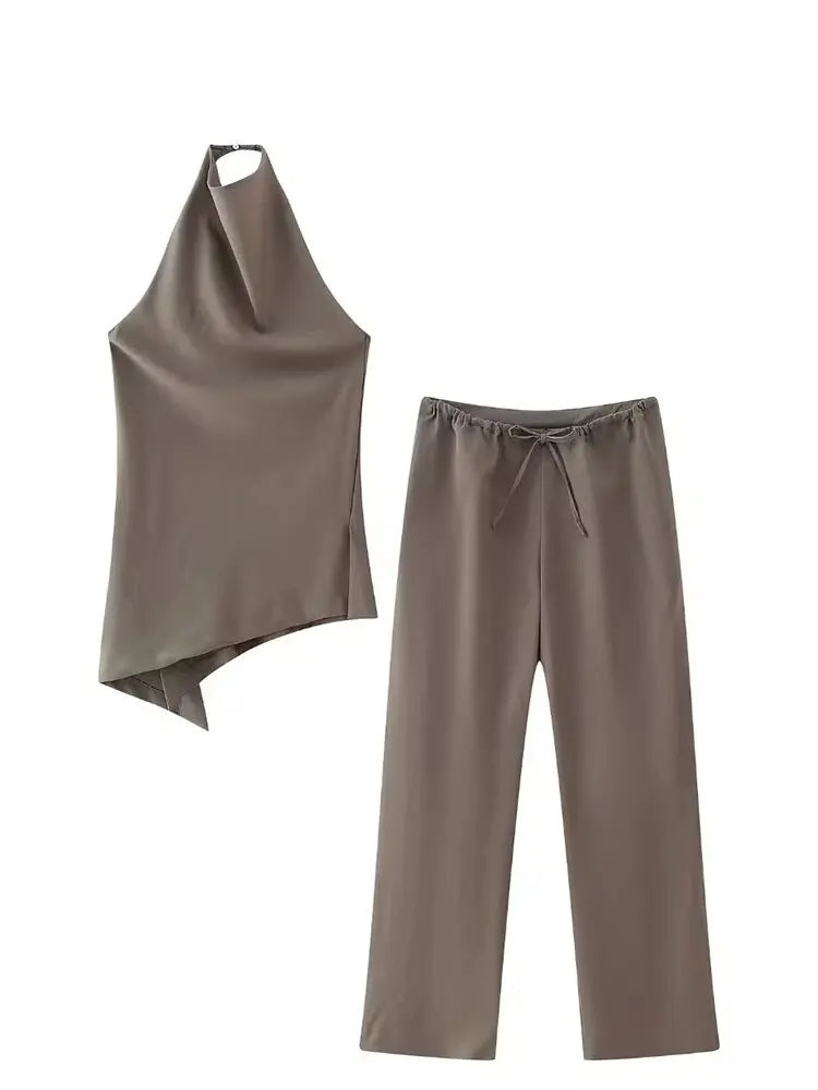 HH Women Vintage Solid Pant Sets Sexy Backless Halter Camis Top