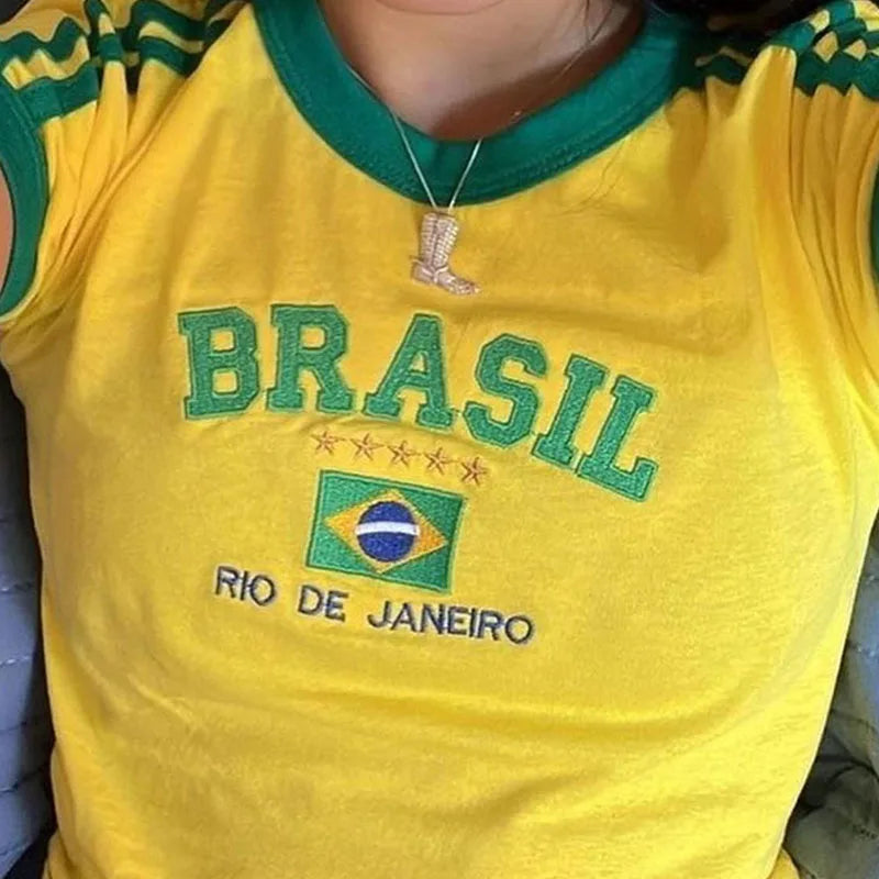 Womens Aesthetic BRASIL Letter Print T-Shirt and Shorts Suit, Vintage