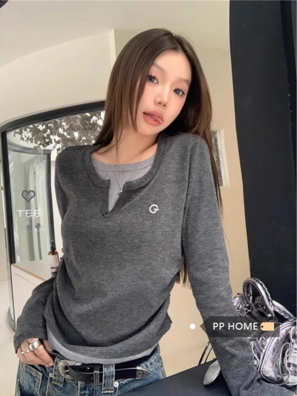 Women's T-shirt fake two piece long sleeved T-shirt for autumn and