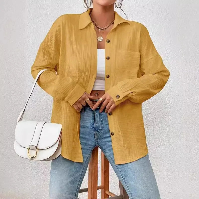 100% Cotton Gauze Muslin Women Shirts Casual Turn Down Collar Long