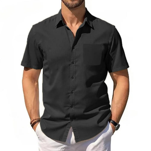 Men's Cotton Linen Shirt Summer Short Sleeve Button Up Hawaiian