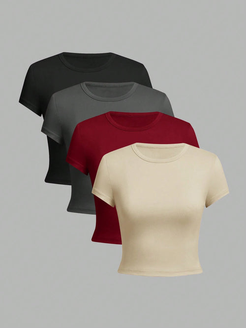 4 Pieces Solid Color Basic Short-Sleeved Tight-Fitting T-Shirt for