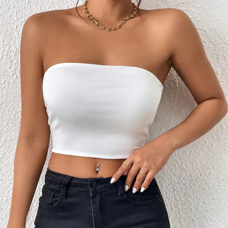 Women Seamless Ice Silk Crop Tops Sexy Gathering Strapless Non-Slip