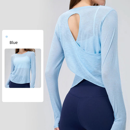 Women Backless Loose Yoga T-shirts Summer Round Collar Long Sleeve