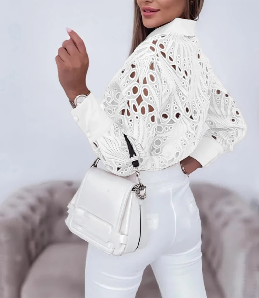 Women's Blouses Hollowed Out Long Sleeved Shirt Casual Solid Button Up