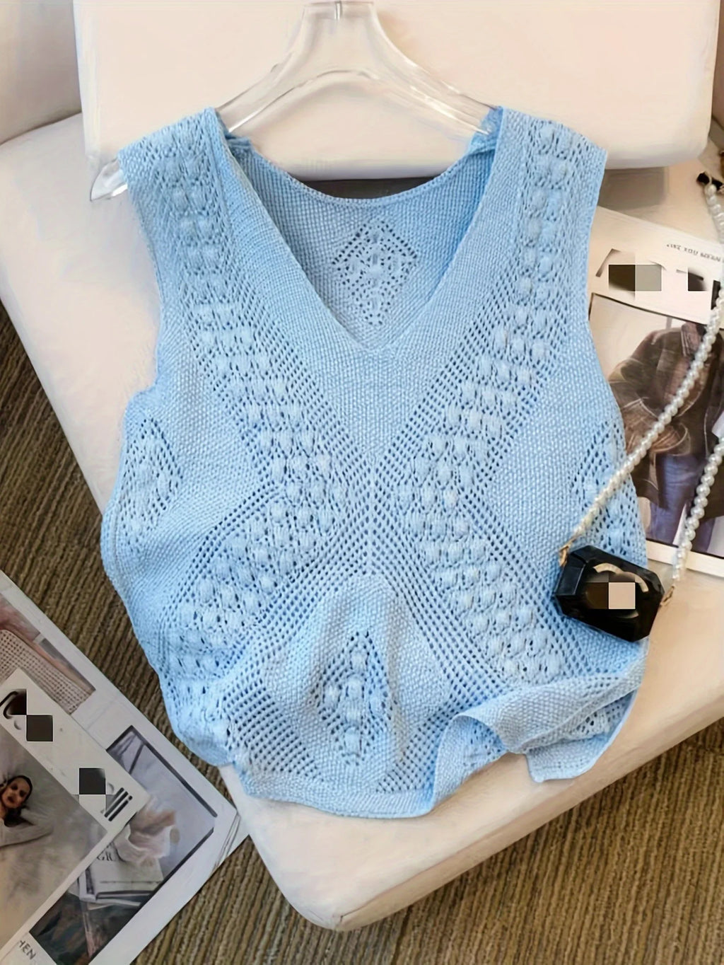 Solid Color V Neck Tank Top, Casual Sleeveless Cut Out Knitted Tank