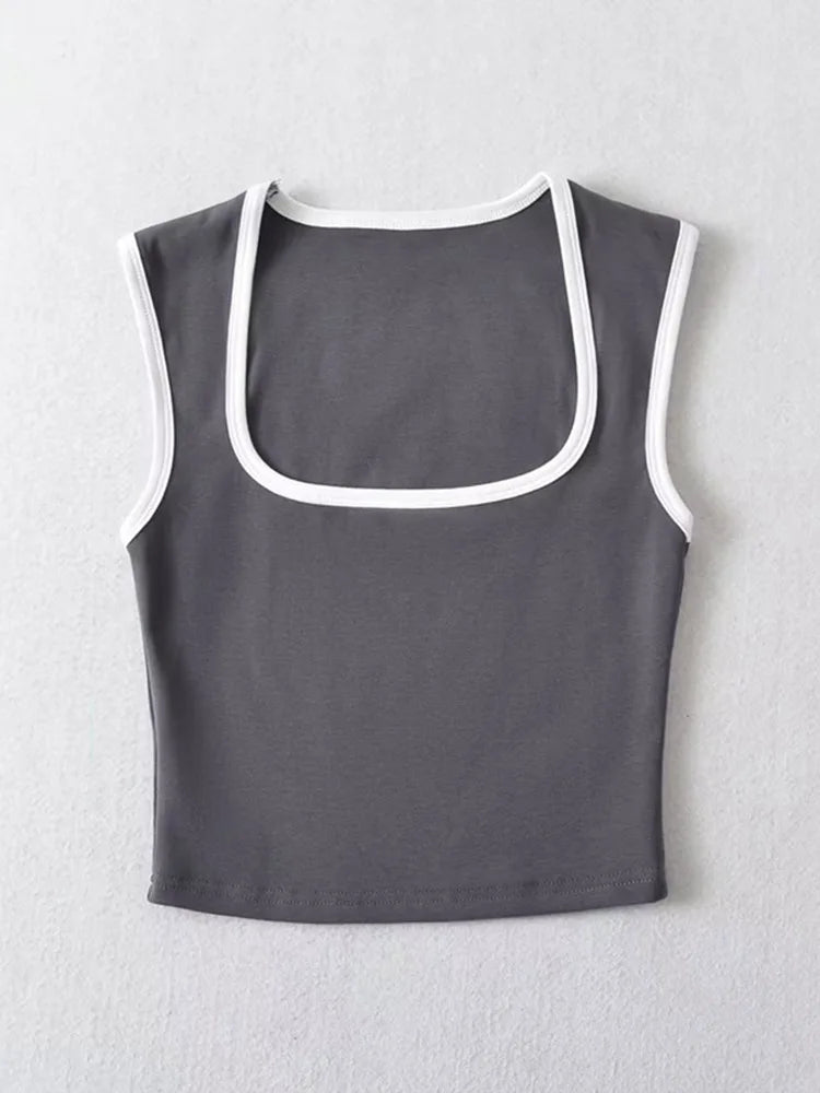 Woman Fashion Slim Solid Casual Sleeveless Tanks Square Collar Crop