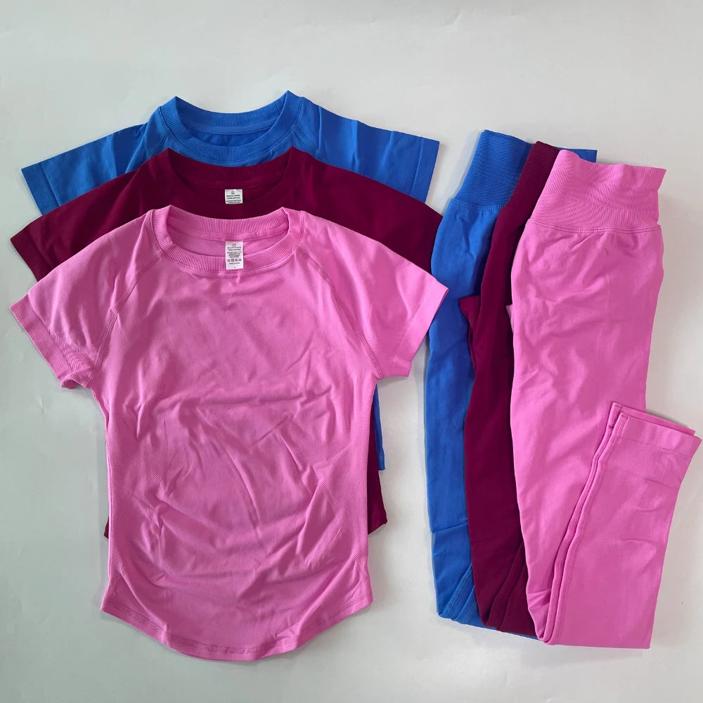 2 Piece Leggings Set Women Longline Short Sleeve Gym Crop Top High