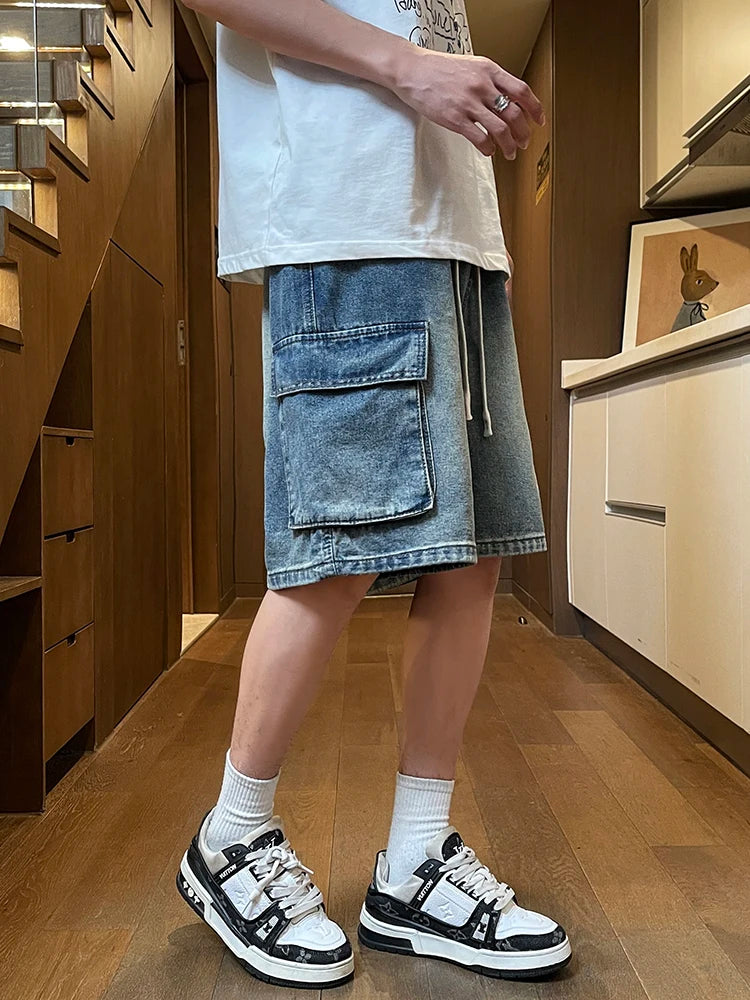 Summer Men's Cargo Denim Shorts Baggy Straight Fashion Casual Wide Leg