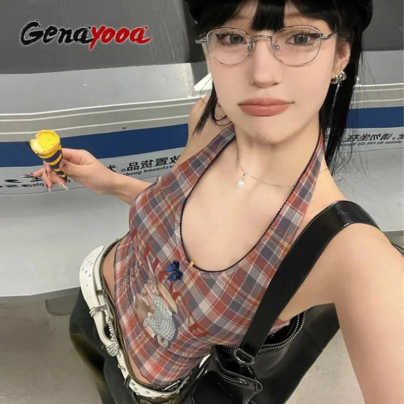Genayooa Vintage Mesh Tops Women Sleeveless Plaid Print Tank Tops Y2k
