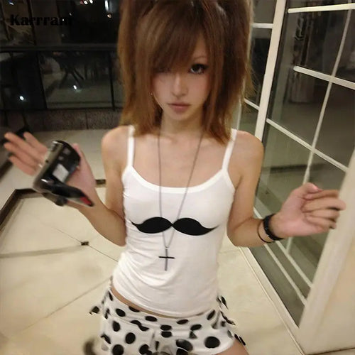 Karrram Japanese Y2k Beard Print Tank Top Trashy 2000s Style White