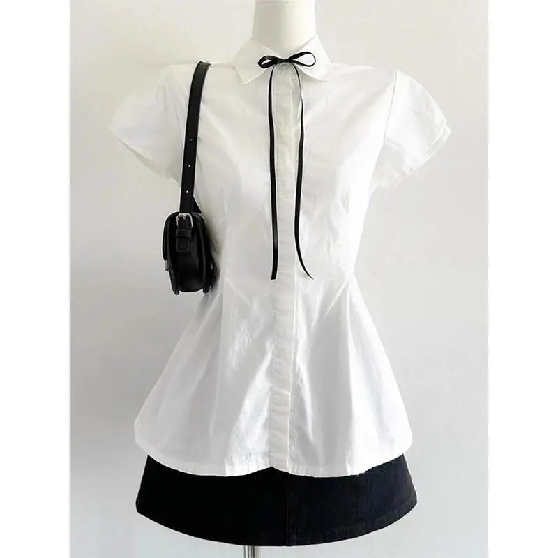 Deeptown Elegant Sweet White Blouse Women Bow Preppy Style Kawaii