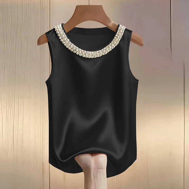 Elegant Satin Shirt Women Summer Bead Design Silk Blouse Women