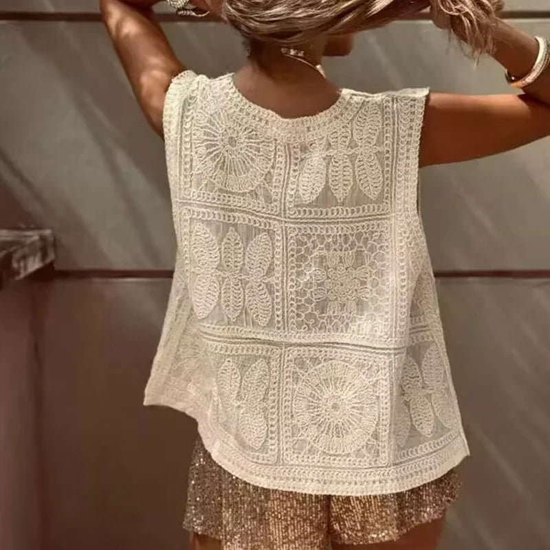 Summer New Casual Vacation Loose Button Tops Chic Texture Hollow Out