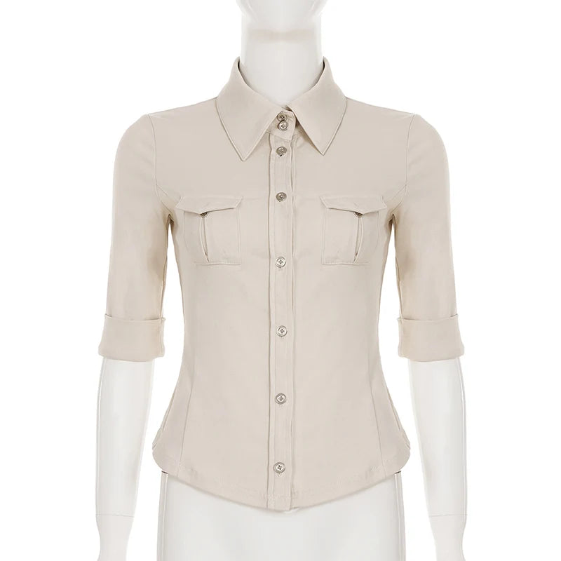 Half Sleeve Button Up Shirts for Woman Clothing Japanese 2000s Style