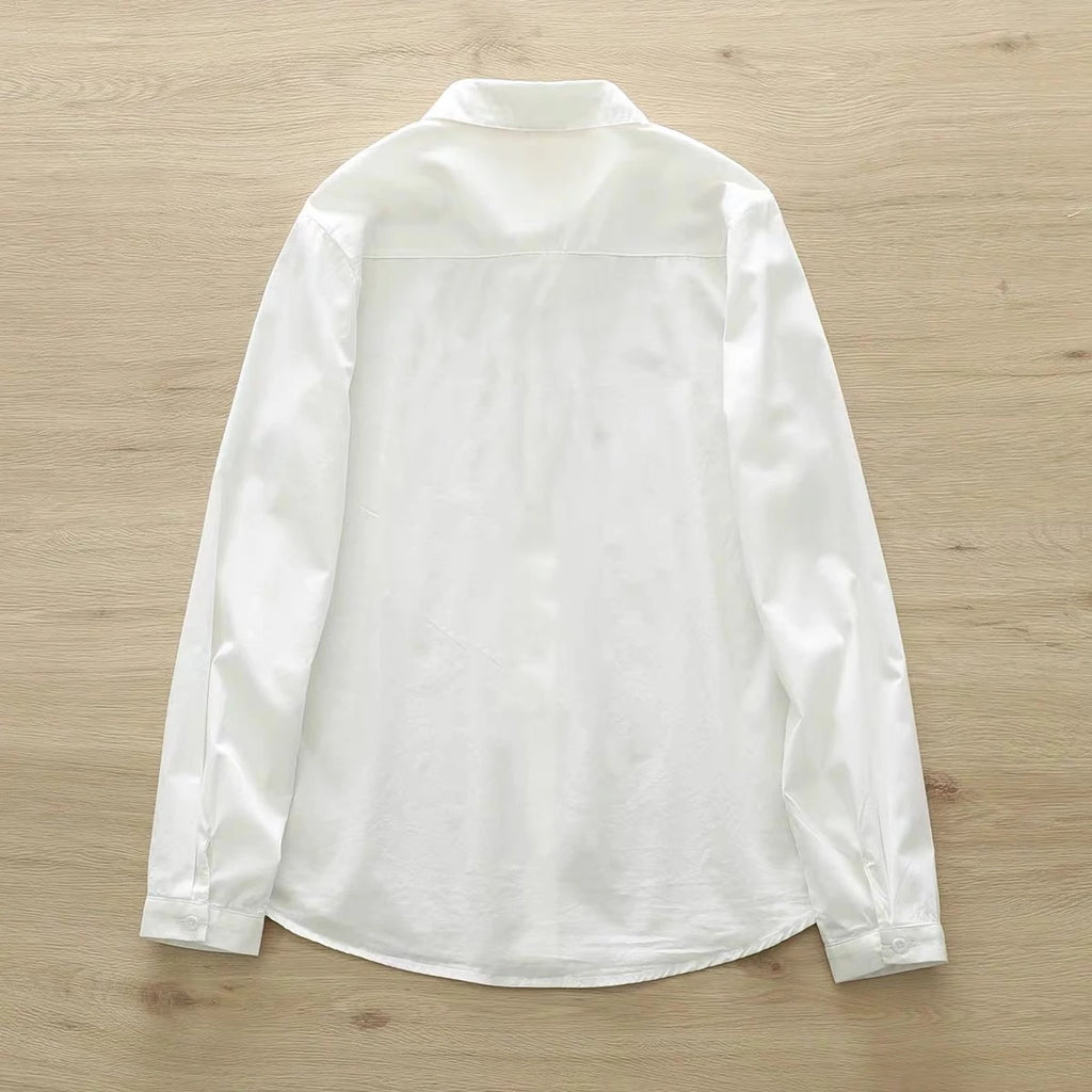 New Pure Cotton White Shirts Women Turn Down Collar Embroidered Long