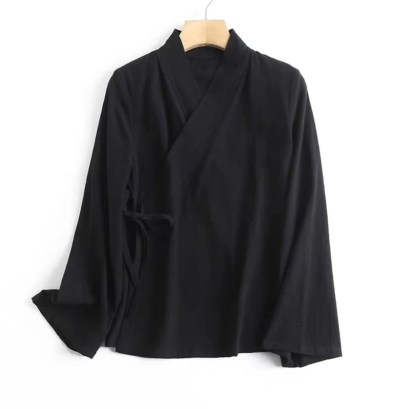 Chinese Style Women's Wrap Tie-Front Kimono Shirt Blouse Spring Summer