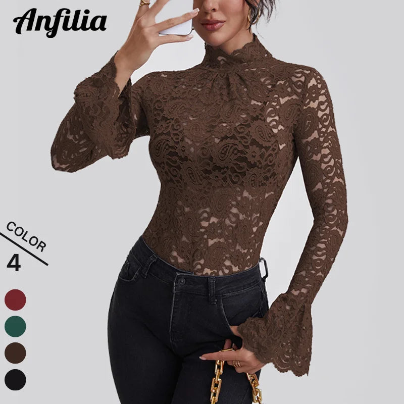 Anfilia Women Lace Shirts Turtle Neck Elegant Flare Long Sleeves